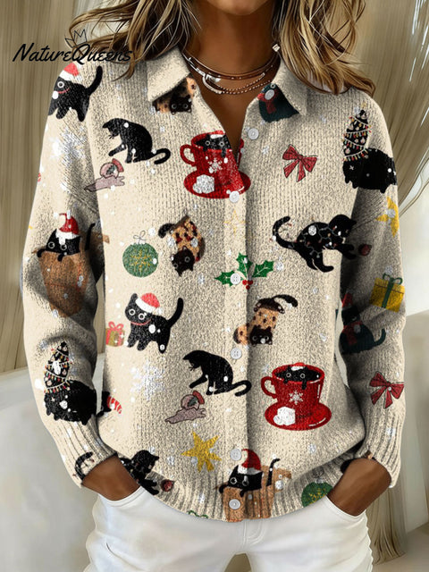 Women's Christmas Cute Cat Coffee Snowflakes Print Cowl Neck Sweater
