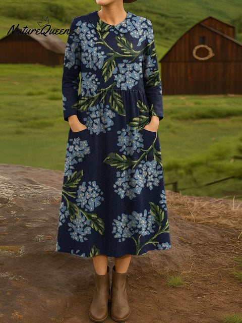 Women's Retro Flowers Pattern Art Print Cotton Lapel Button-Down Shirt Dress