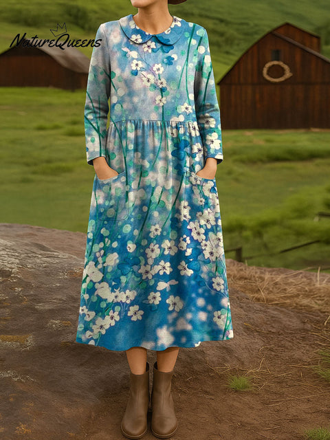 Women's Retro Flowers Pattern Art Print Cotton Lapel Button-Down Shirt Dress