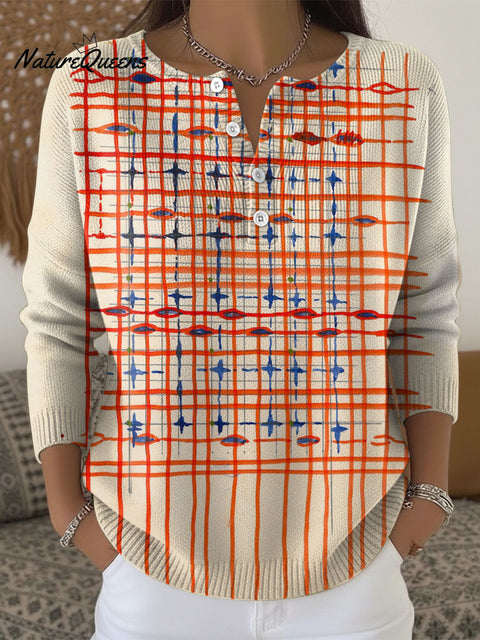 Textile Art Orange Blue Geometric Abstract Pattern Art Print Buttoned Cardigan Sweater