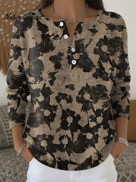Floral Pattern Abstract Art Print Buttoned Cardigan Sweater