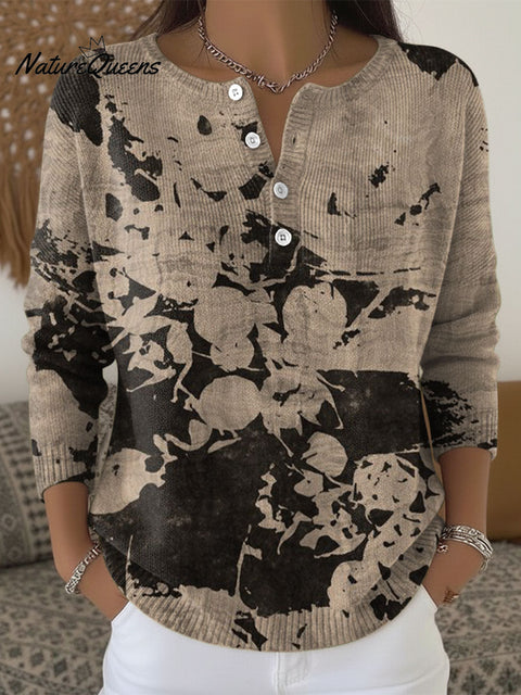 Floral Pattern Abstract Art Print Buttoned Cardigan Sweater