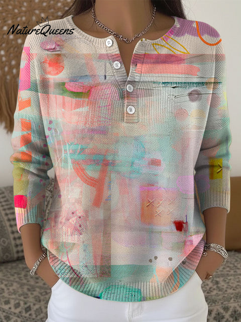 Abstract Beige Coral Green Abstract Pattern Art Print Buttoned Cardigan Sweater
