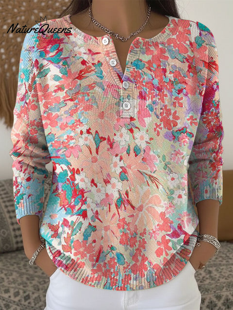 Color Flowers Pattern Art Print Buttoned Cardigan Sweater