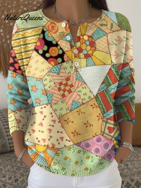 Flower Splicing Pattern Art Print Buttoned Cardigan Sweater