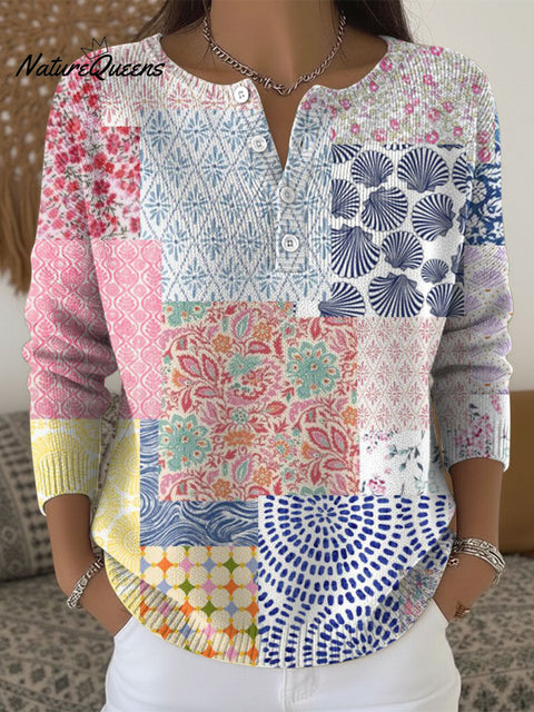 Flower Splicing Pattern Art Print Buttoned Cardigan Sweater