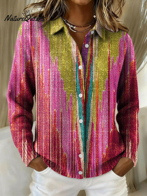 Women's Geometric Color Gradient Pattern Art Splicing Print Cowl Neck Sweater