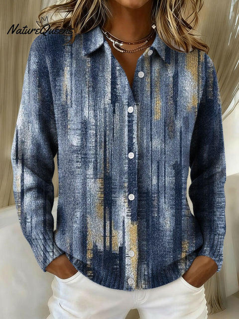 Women's Geometric Color Gradient Pattern Art Splicing Print Cowl Neck Sweater