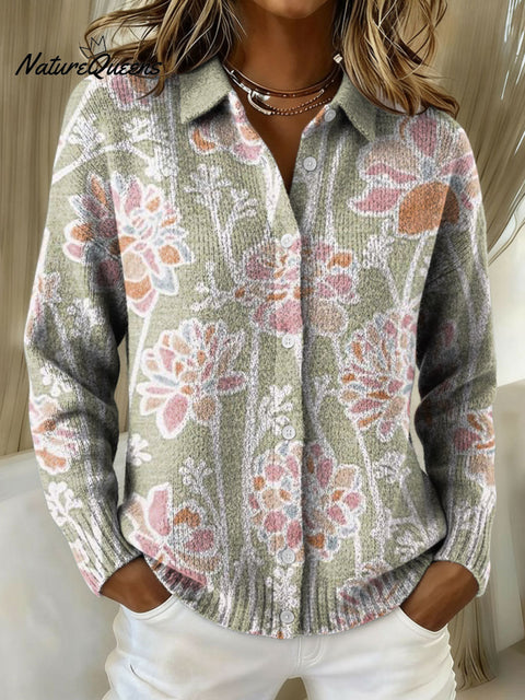 Women's Flowers Color Gradient Pattern Art Splicing Print Cowl Neck Sweater