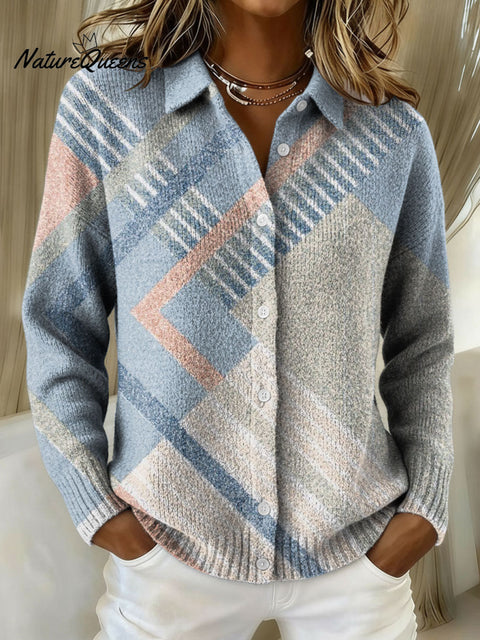 Women's Geometric Color Gradient Pattern Art Splicing Print Cowl Neck Sweater