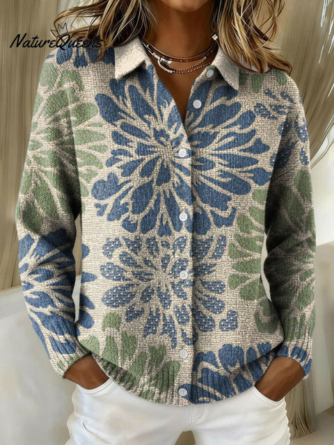 Women's Flowers Color Gradient Pattern Art Splicing Print Cowl Neck Sweater