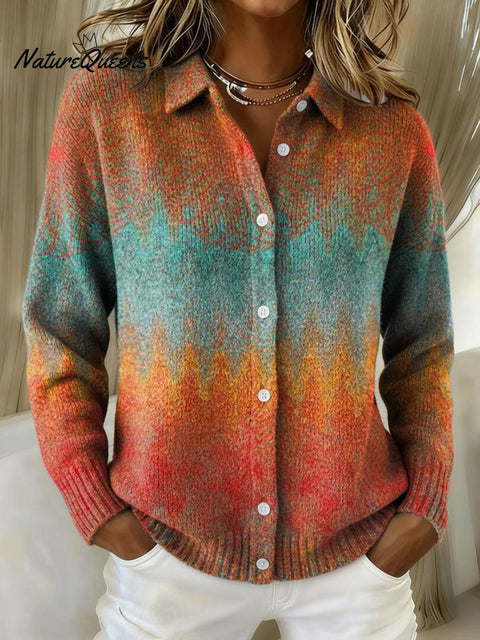 Women's Color Gradient Pattern Art Splicing Print Cowl Neck Sweater
