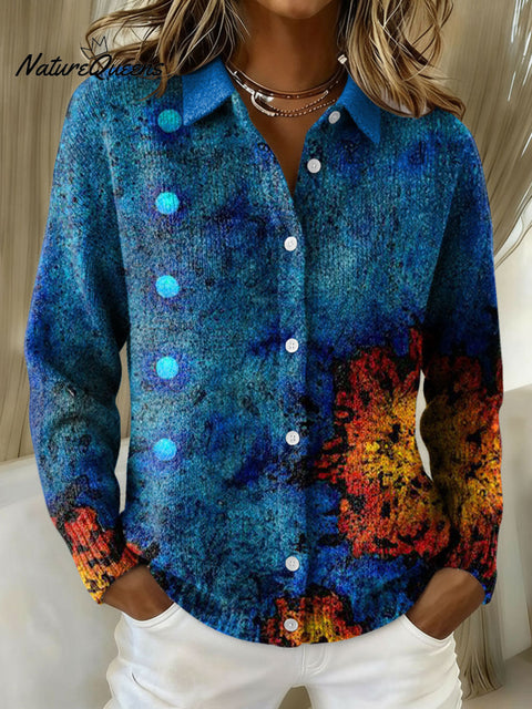 Women's Color Gradient Pattern Art Splicing Print Cowl Neck Sweater