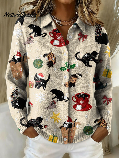 Women's Christmas Cat Cute Kitten Print Cowl Neck Sweater