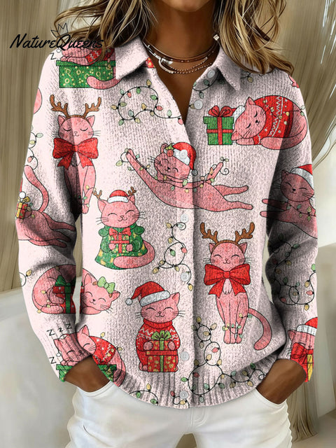 Women's Christmas Cat Cute Holiday Kitten Print Cowl Neck Sweater