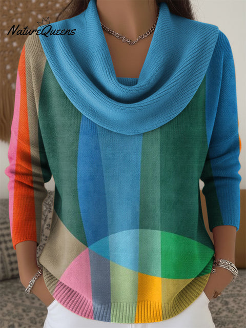 Women's Geometric Color Splicing Print Cowl Neck Sweater