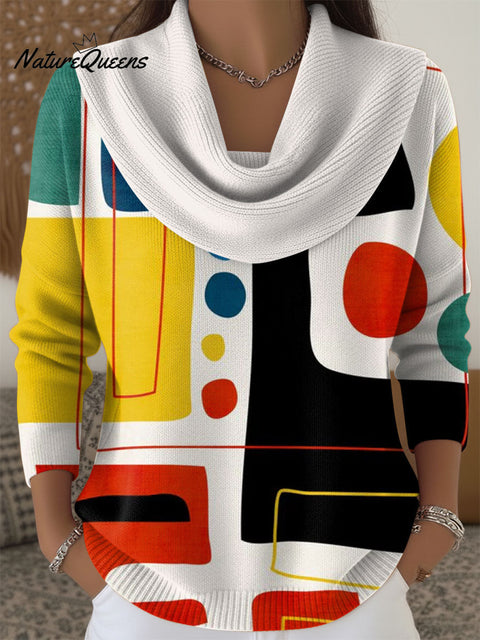 Women's Geometric Color Splicing Print Cowl Neck Sweater