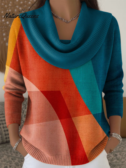 Women's Geometric Color Splicing Print Cowl Neck Sweater