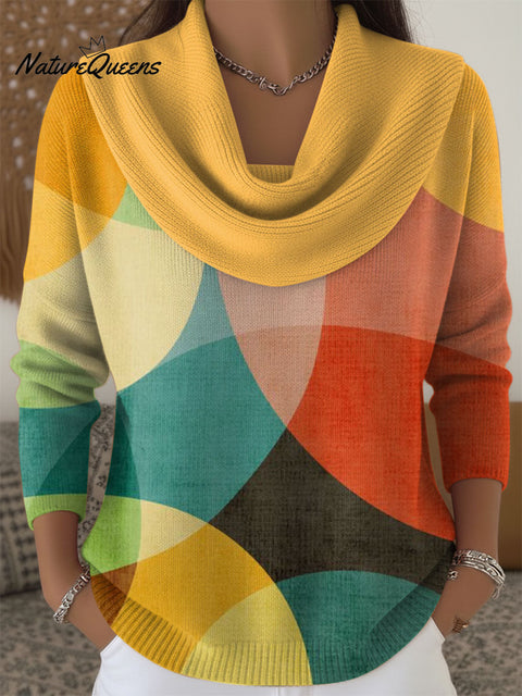 Women's Geometric Color Splicing Print Cowl Neck Sweater