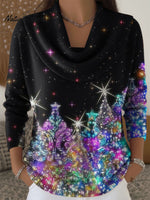 Women's Christmas Trees Snowflakes Pattern Art Print Cowl Neck Sweater