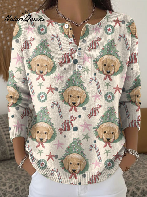Christmas Animal Dog Pattern Art Print Buttoned Cardigan Sweater