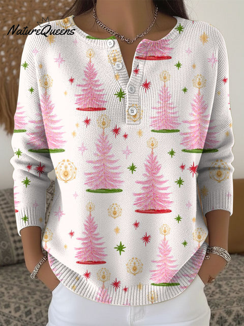 Christmas Pink Trees Pattern Art Print Buttoned Cardigan Sweater