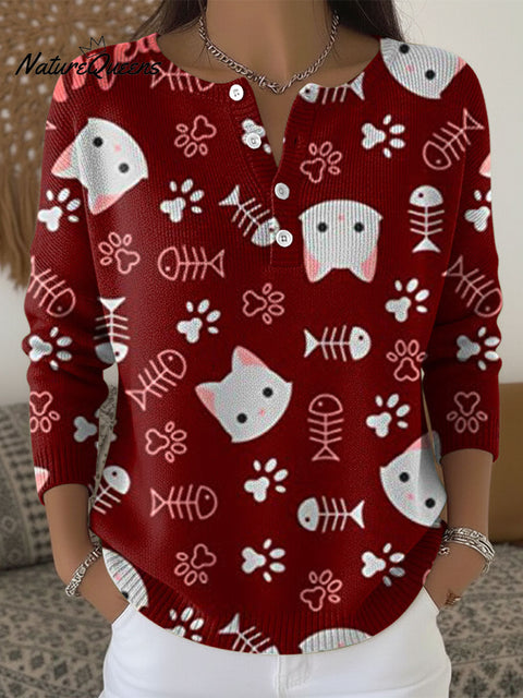 Christmas Animal Cat Pattern Art Print Buttoned Cardigan Sweater