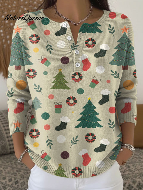 Christmas Trees Pattern Art Print Buttoned Cardigan Sweater