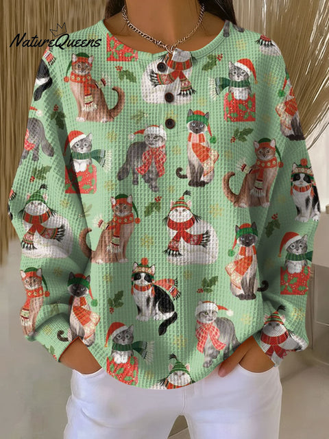 Women's Christmas Cute Animal Cat Pattern Art Print Casual Cotton Shirt