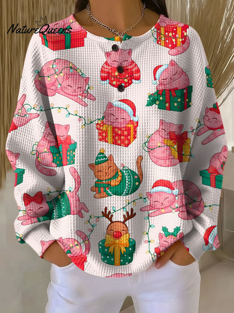 Women's Christmas Cute Animal Cat Pattern Art Print Casual Cotton Shirt