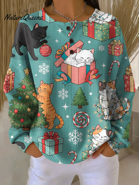 Women's Christmas Cute Animal Cat Pattern Art Print Casual Cotton Shirt