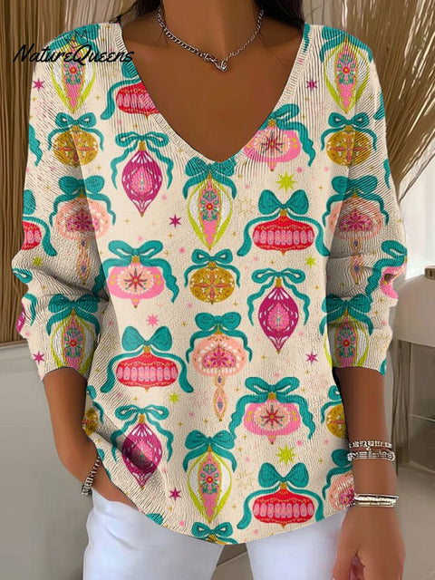 Women's Christmas Pattern Art V-neck Solid Color Loose Shiny Sweater