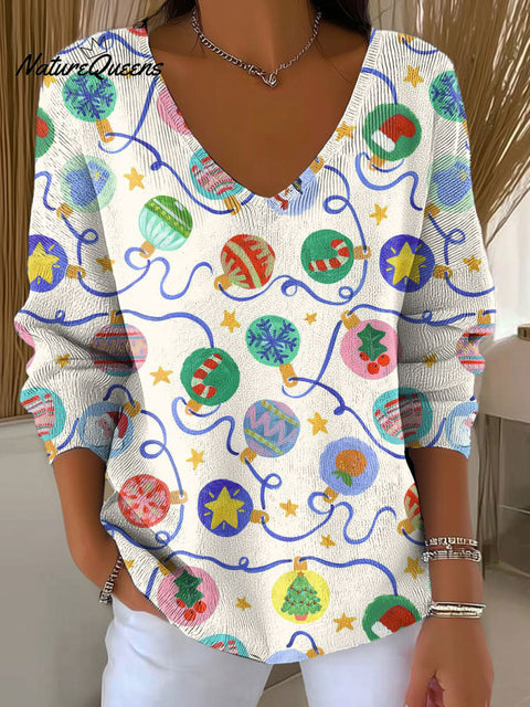 Women's Christmas Pattern Art V-neck Solid Color Loose Shiny Sweater