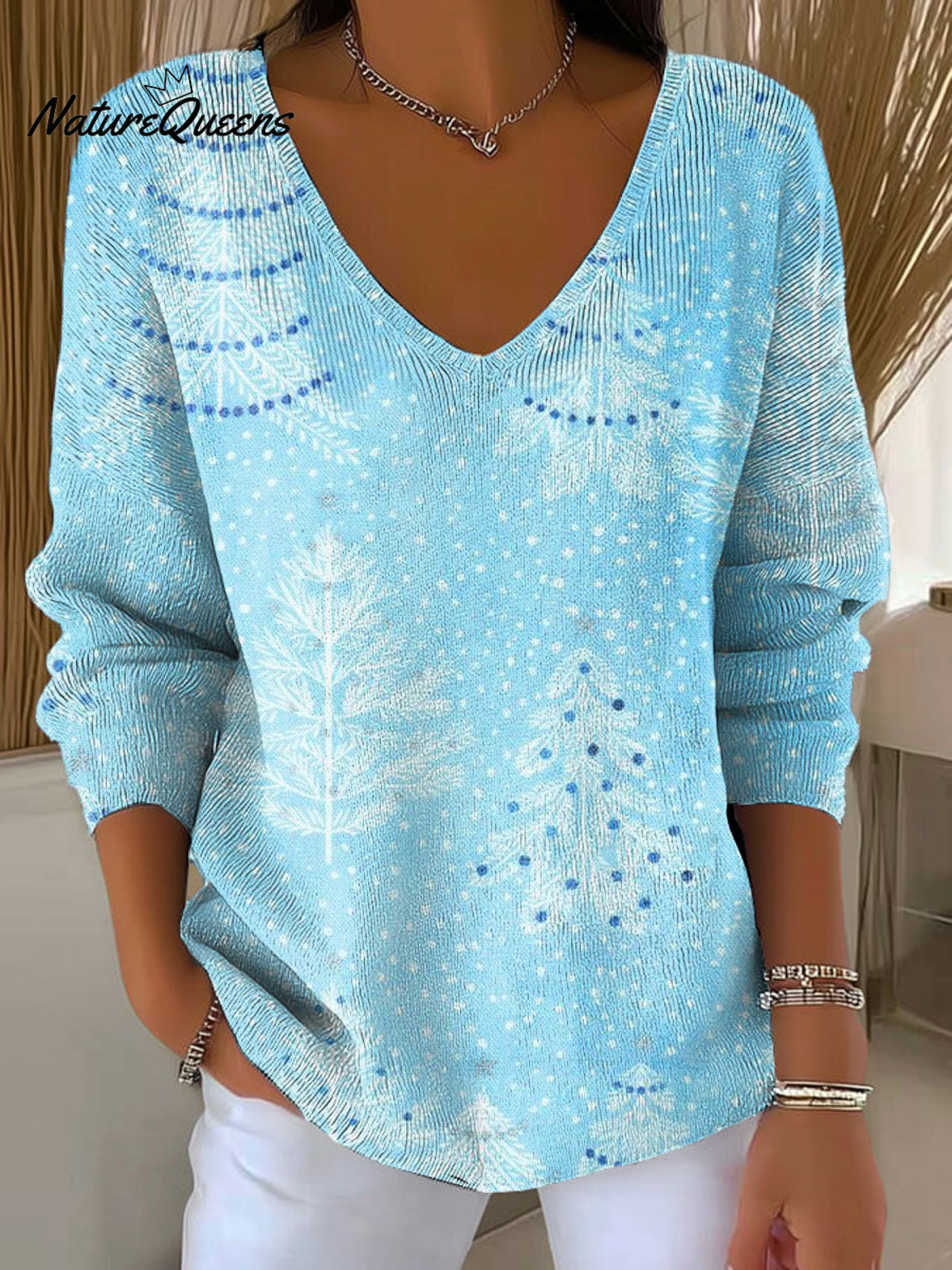 Women's Christmas Pattern Art V-neck Solid Color Loose Shiny Sweater