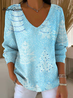 Women's Christmas Pattern Art V-neck Solid Color Loose Shiny Sweater