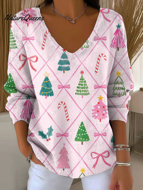 Women's Christmas Pattern Art V-neck Solid Color Loose Shiny Sweater