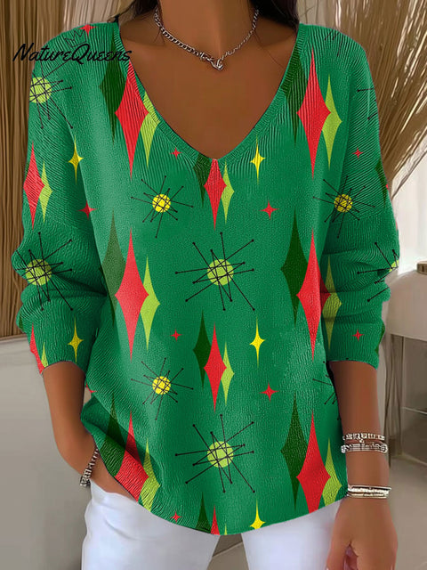 Women's Christmas Pattern Art V-neck Solid Color Loose Shiny Sweater