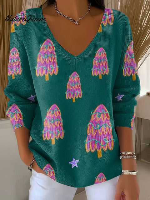 Women's Christmas Pattern Art V-neck Solid Color Loose Shiny Sweater