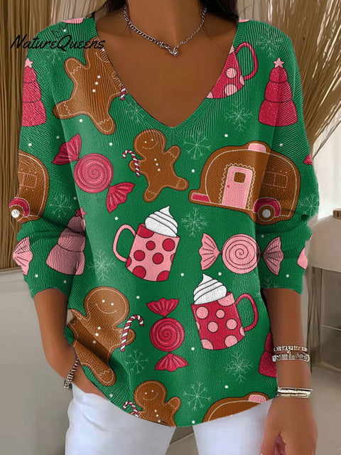 Women's Christmas Pattern Art V-neck Solid Color Loose Shiny Sweater
