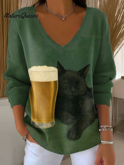 Women's Sleepy Black Cat with Beer Whimsical Funny Bar Pattern Art V-neck Solid Color Loose Shiny Sweater