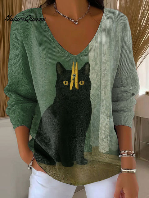 Women's Black Cat with Clothespin Surreal Pattern Art V-neck Solid Color Loose Shiny Sweater
