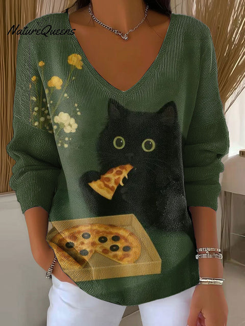 Women's Black Cat Eating Pizza Whimsical Funny Pattern Art V-neck Solid Color Loose Shiny Sweater