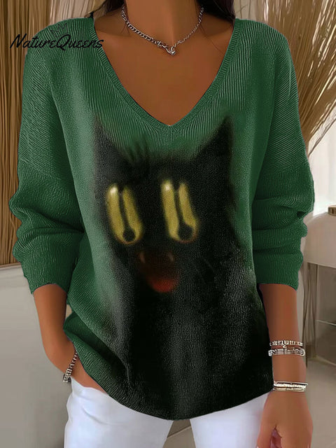Women's Blur Cat Art Surreal Absurd Pattern Art V-neck Solid Color Loose Shiny Sweater