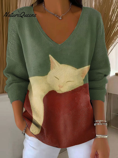 Women's Sleeping Cat Pattern Art V-neck Solid Color Loose Shiny Sweater