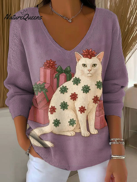 Women's Christmas Cat Cute Retro Holiday Pattern Art V-neck Solid Color Loose Shiny Sweater