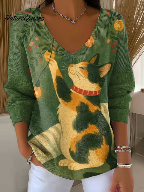 Women's Christmas Cat Cozy Retro Holiday Pattern Art V-neck Solid Color Loose Shiny Sweater