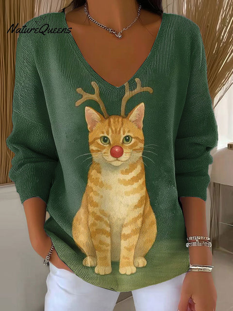 Women's Funny Christmas Cat Pattern Art V-neck Solid Color Loose Shiny Sweater