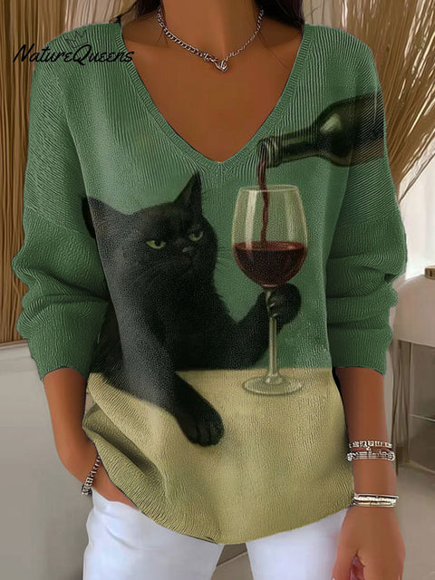 Women's Black Cat with Wine Glass Moody Whimsical Pattern Art V-neck Solid Color Loose Shiny Sweater
