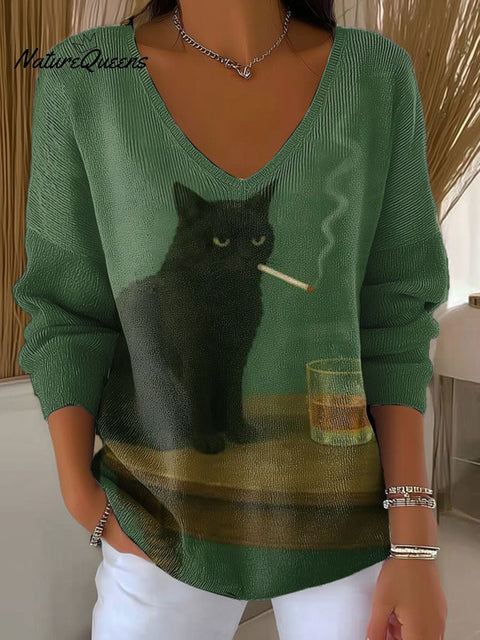 Women's Moody Black Cat Smoking Cat with Whiskey Pattern Art V-neck Solid Color Loose Shiny Sweater