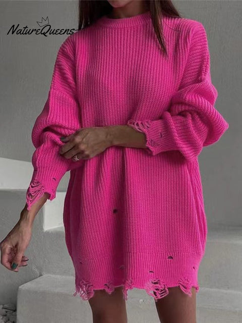 Women's Stylish Solid Color Round Neck Long Sleeve Hem Ripped Loose Sweater